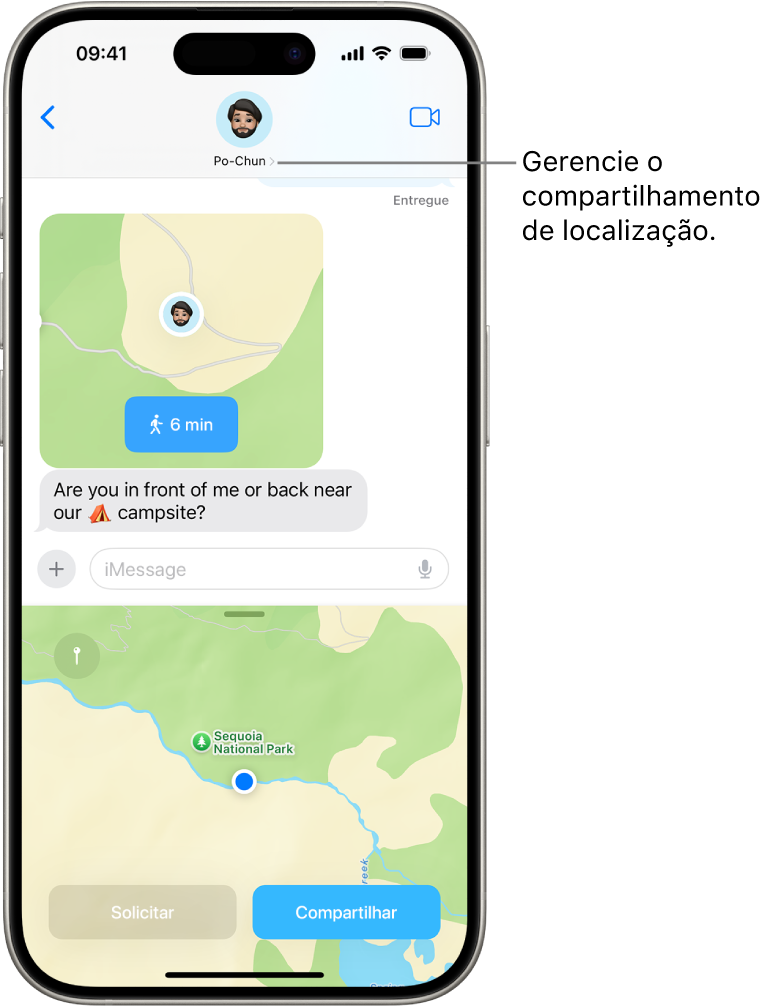 Conversa do app Mensagens com uma localização compartilhada.