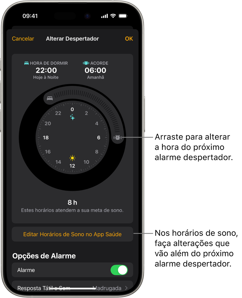 Uma tela para alterar o próximo alarme despertador. A posição do botão de alarme tocando define o horário do alarme.
