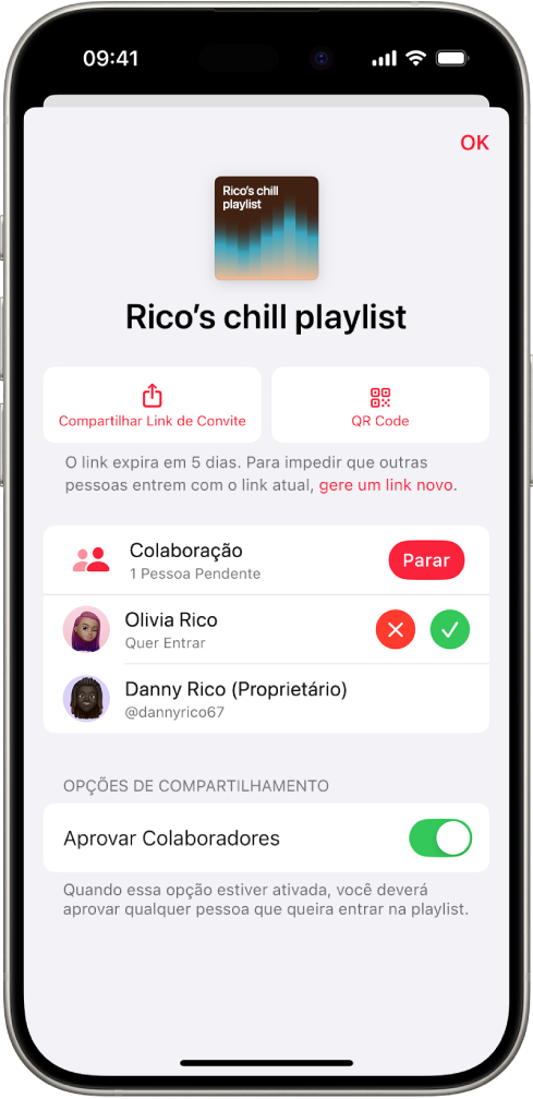 Tela Gerenciar Colaboração no app Música.