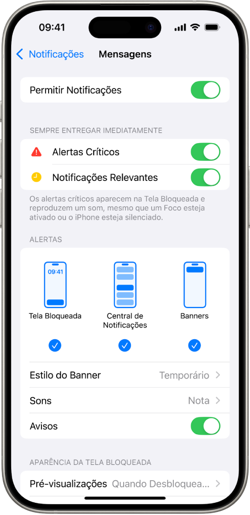 iPhone com os ajustes de notificações e alertas do app Mensagens.