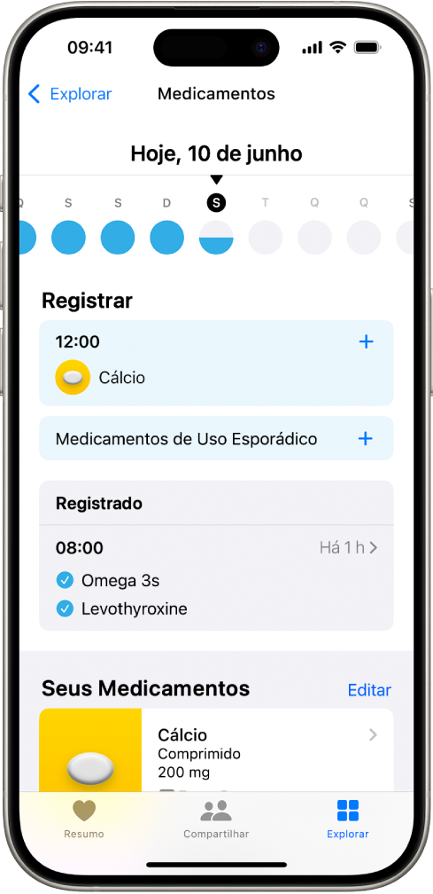 A tela Medicamentos no app Saúde mostrando a data e um registro de medicamentos.