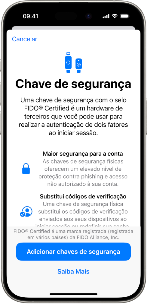 Tela de boas-vindas das Chaves de Segurança. O botão “Adicionar Chaves de Segurança” e um link “Saiba Mais” encontram-se perto da parte inferior. Acima deles há um texto explicativo sobre os benefícios do uso de chaves de segurança.