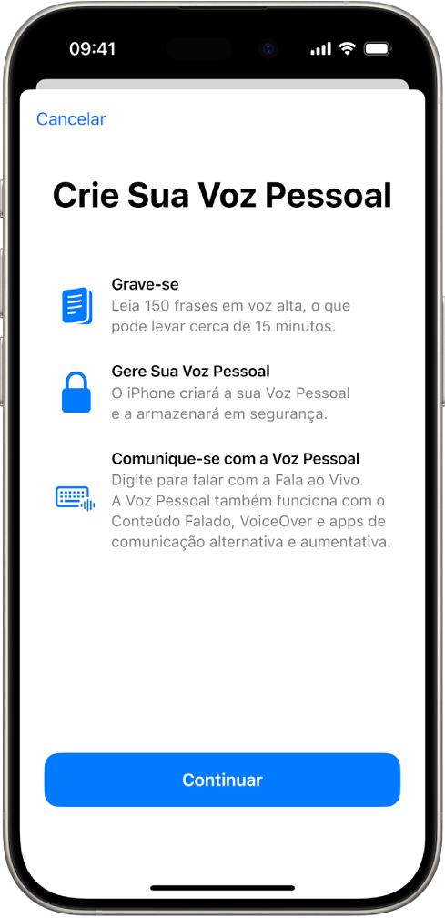 Um iPhone com informações sobre a criação de uma Voz Pessoal.