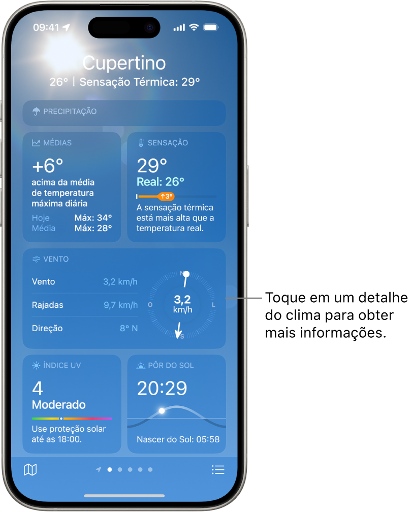 Tela do app Tempo mostrando a localização na parte superior e, abaixo, a temperatura e condição do tempo atuais. O resto da tela contém detalhes do tempo destes elementos: qualidade do ar, precipitação, índice UV e pôr do sol.