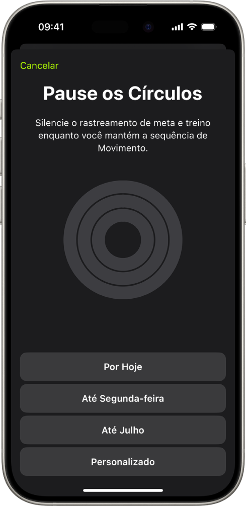 Tela “Pause os Círculos” no app Fitness, mostrando opções para pausar os círculos de Atividade.