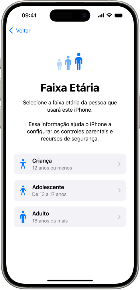 Tela de configuração de Faixa Etária. Três faixas etárias aparecem na lista: Criança (12 anos ou menos), Adolescente (13 a 17) e Adulto (maior de 18 anos).