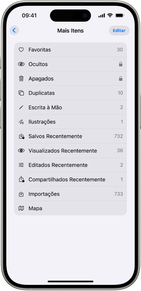 No app Fotos, a coleção Mais Itens está aberta, mostrando uma lista de coleções de fotos.