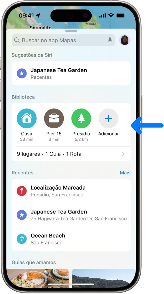 Tela de início do app Mapas mostrando diversos alfinetes na biblioteca e o botão Adicionar.
