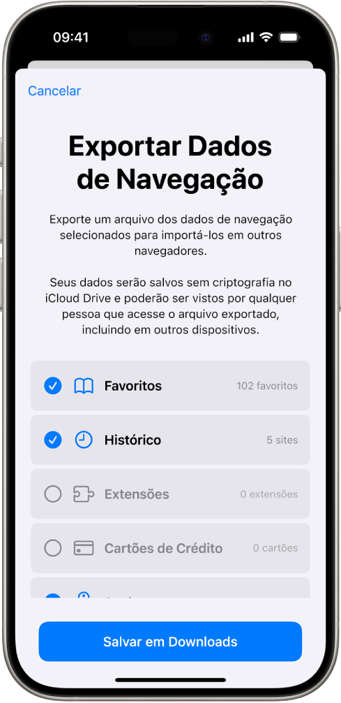 Tela Exportar Dados de Navegação, mostrando os dados que você pode exportar do Safari para outro navegador.