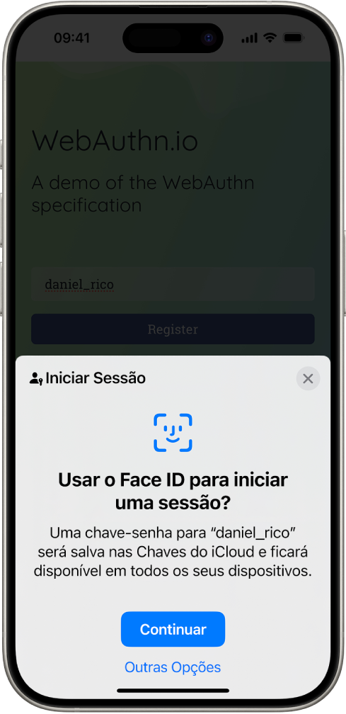 Tela de início de sessão que aparece quando uma chave-senha é salva para a conta. Os botões Continuar e Outras Opções estão na parte inferior da tela.