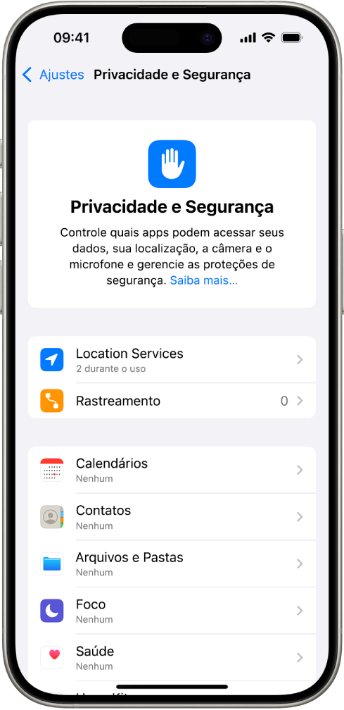 Tela Privacidade e Segurança nos Ajustes.