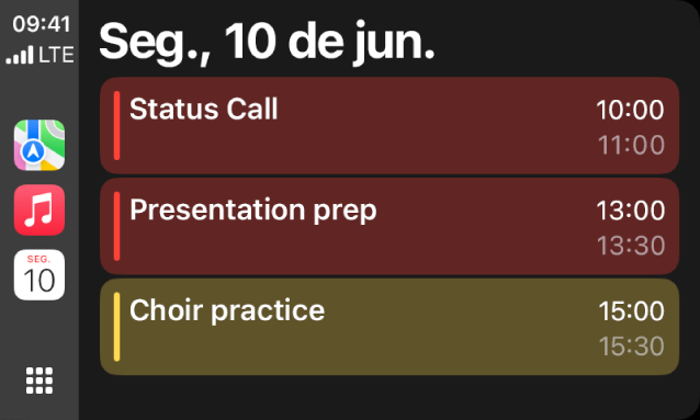 O CarPlay mostrando os apps Mapas, Música e Calendário na Barra Lateral. À direita há eventos para segunda-feira 5 de junho, com sessão de trabalho de portfólio, oficina de habilidades de liderança, preparação para apresentação e ensaio de coral.