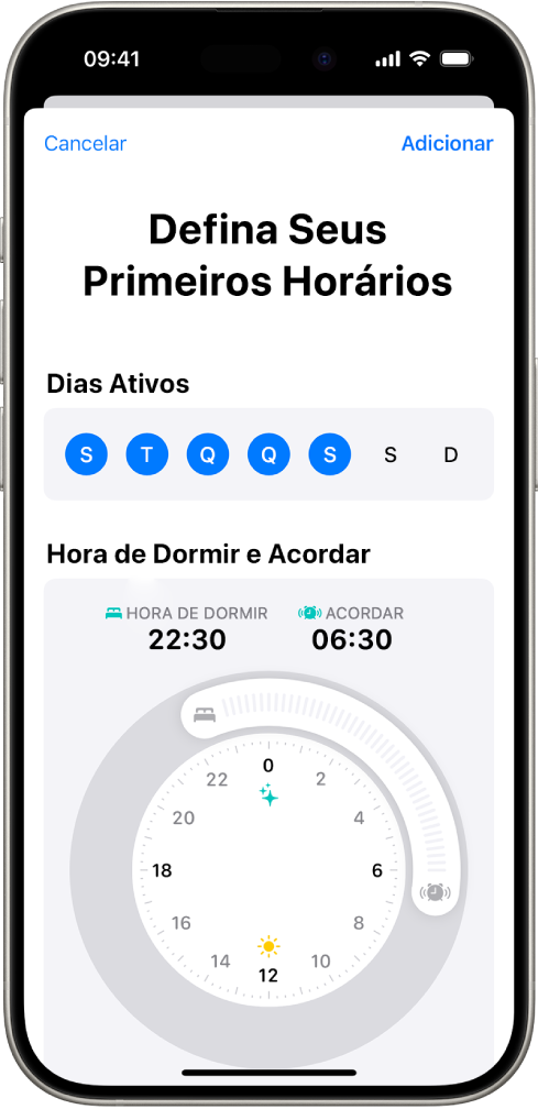 A tela Defina Seus Primeiros Horários no app Saúde, com uma seção Dias Ativos e um relógio de Hora de Dormir e Despertador.