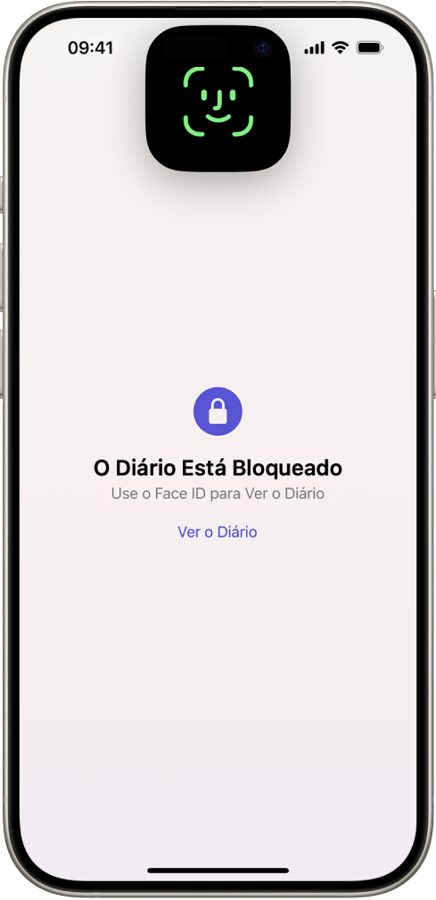 Uma tela que solicita o uso do Face ID para desbloquear o diário.