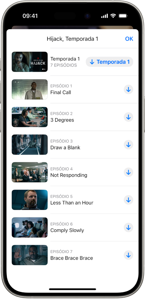 Aba Apple TV+ mostrando uma lista de episódios de um Apple Original. Os botões para baixar a temporada completa e cada episódio aparecem do lado direito da tela.