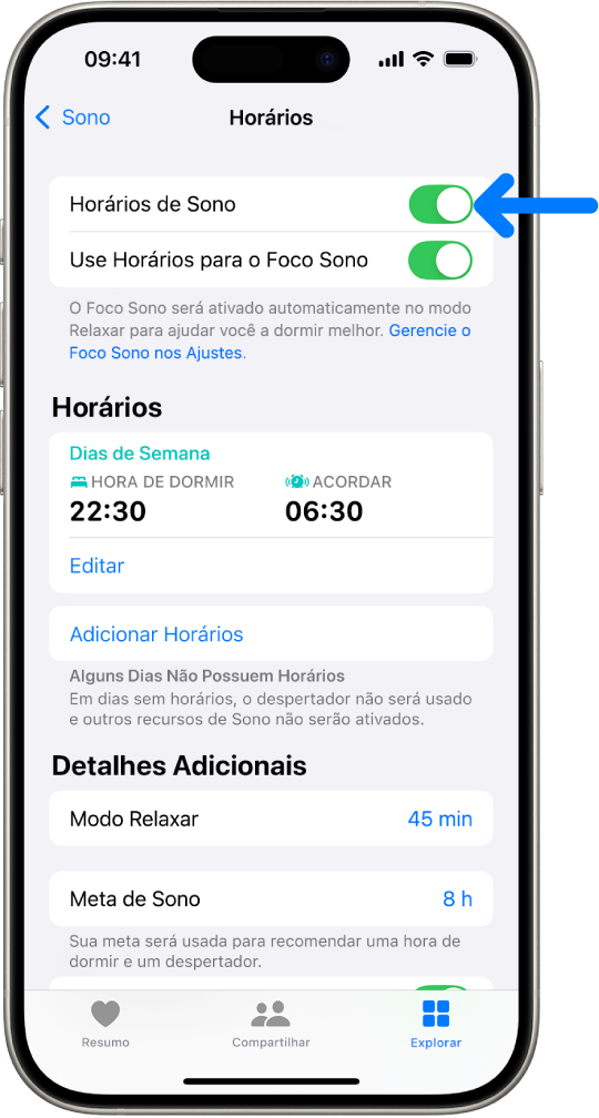 A tela Horários no app Saúde com a opção Horários de Sono ativada na parte superior.