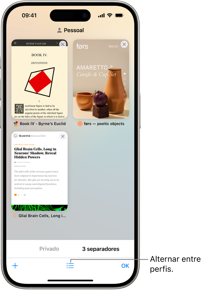 Um ecrã do iPhone que mostra separadores abertos do Safari. Na parte inferior do ecrã há um ícone de grupo de separadores do Safari. Toque no ícone para alternar entre perfis.