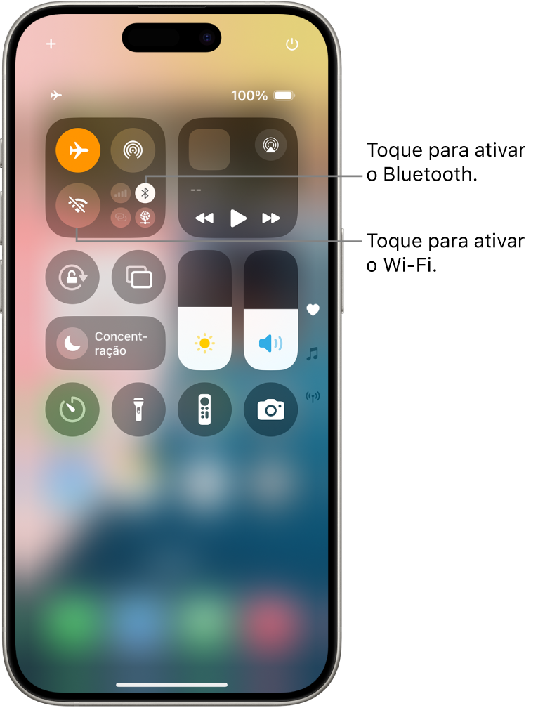 A central de controlo com o modo de voo ativado, a mostrar que Wi‑Fi e Bluetooth estão desativados. Os botões para ativar o Wi-Fi e Bluetooth estão junto ao canto superior esquerdo da central de controlo.