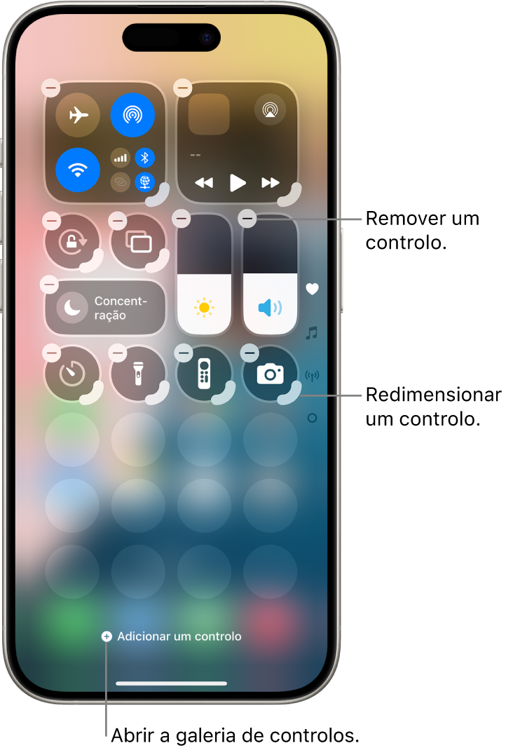 A central de controlo está a ser editada, com um botão “Remover” e um puxador de redimensionamento em todos os controlos.