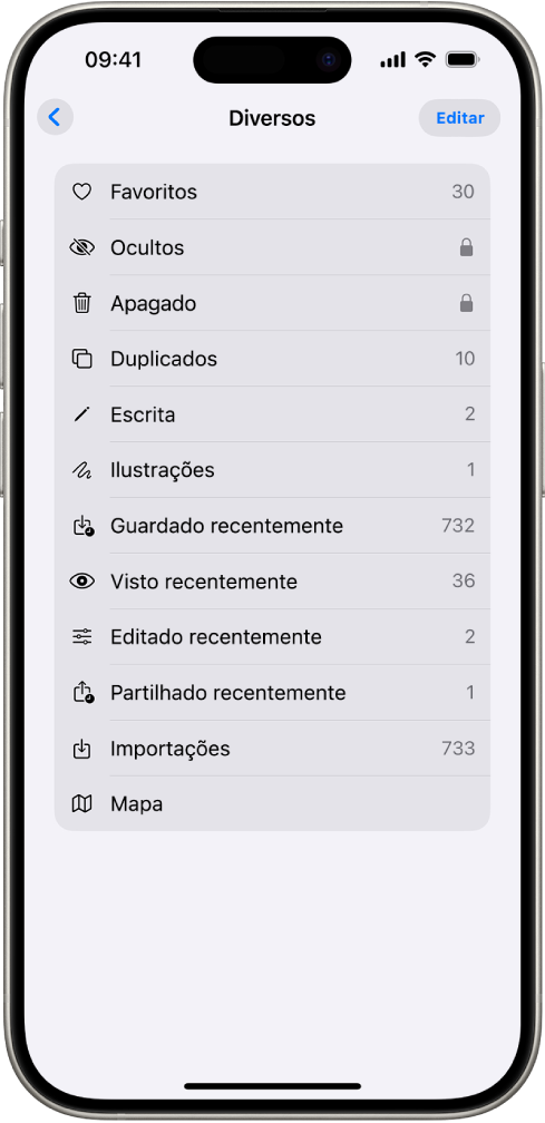 Na aplicação Fotografias, a coleção “Mais” está aberta e mostra uma lista de coleções de fotografias.