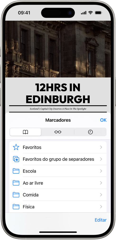 O ecrã dos marcadores, com opções para ver marcadores, a lista de leitura e o histórico de navegação.