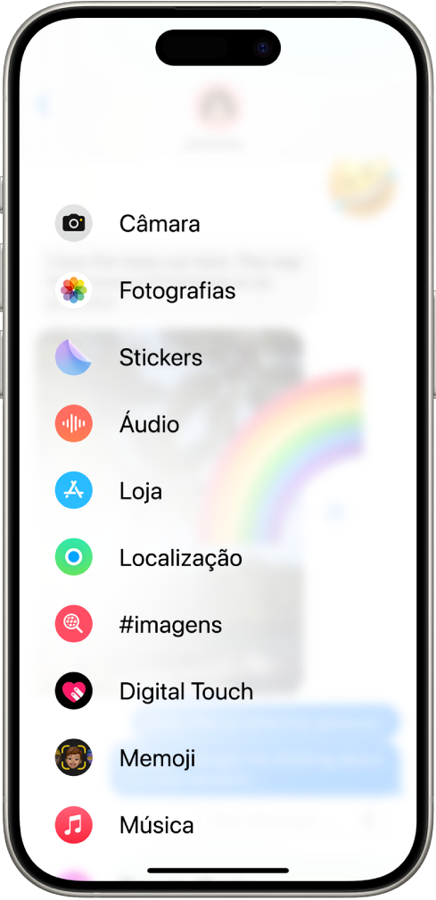 Após tocar no botão Aplicações numa conversa da aplicação Mensagens, aparece uma lista de funcionalidades para adicionar à sua mensagem.