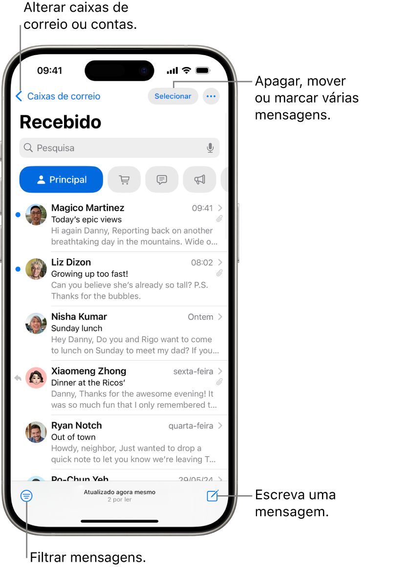 A caixa de entrada da aplicação Mail, com uma lista de e-mails.