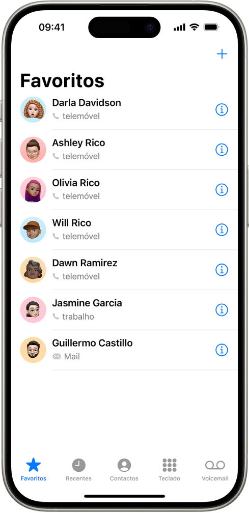 O ecrã Favoritos da aplicação Contactos; seis contactos estão na lista de favoritos.