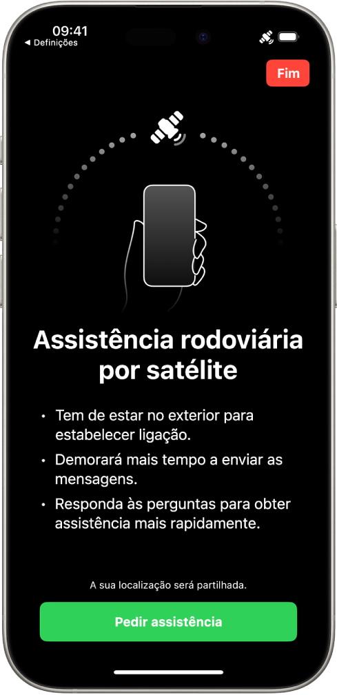 O ecrã Assistência rodoviária por satélite. O botão Pedir assistência está na parte inferior do ecrã.
