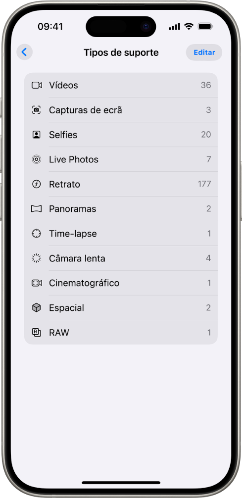 Na aplicação Fotografias, a coleção “Tipos de conteúdo” está aberta e mostra uma lista de coleções de fotografias.