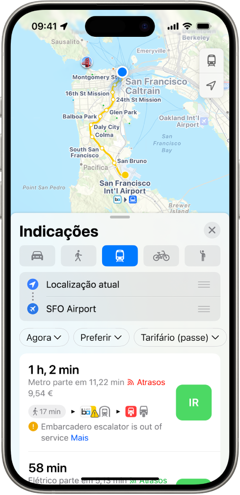 Um mapa a mostrar itinerários de transportes públicos. A ficha do itinerário na parte inferior fornece detalhes para o itinerário, incluindo o tempo de viagem estimado e o custo total. Um botão “Ir” aparece do lado direito dos detalhes.