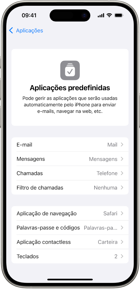 O ecrã para alterar as aplicações predefinidas para enviar e‑mails, navegar na web, etc.