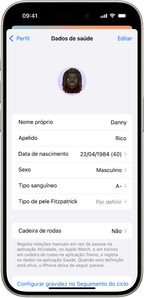 O ecrã Dados de saúde, que inclui os campos para nome, data de nascimento, tipo sanguíneo e outras informações.