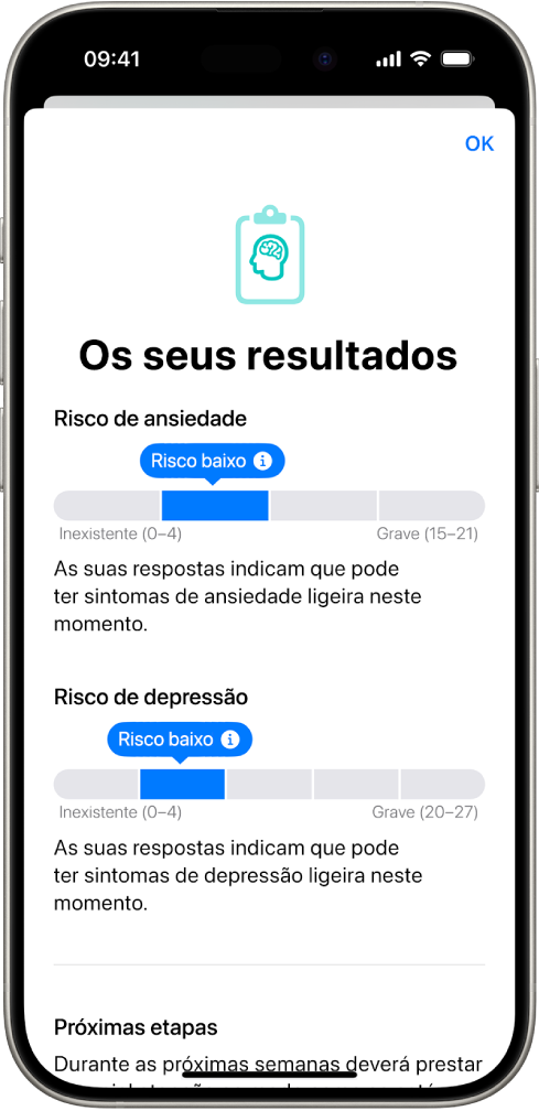 Um ecrã na aplicação Saúde que mostra os resultados de um questionário de saúde mental.