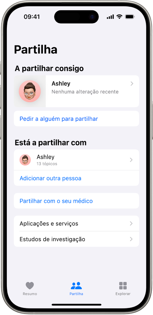 O ecrã Partilha na aplicação Saúde.
