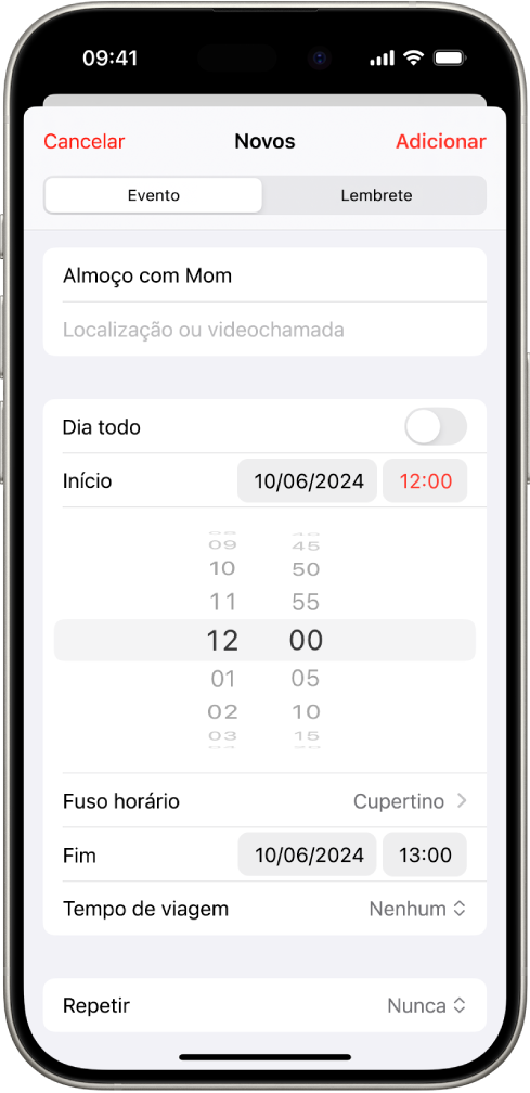Um evento do calendário a mostrar definições para a hora e fuso horário do evento.