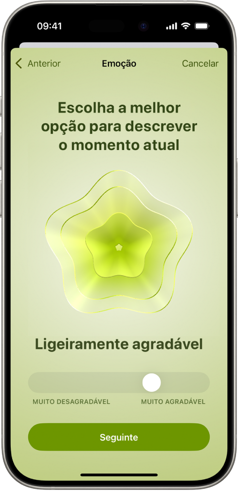 Um ecrã da aplicação Saúde a identificar o estado de espírito atual como Ligeiramente agradável. Na parte inferior do ecrã está um nivelador para ajustar o nível da emoção.