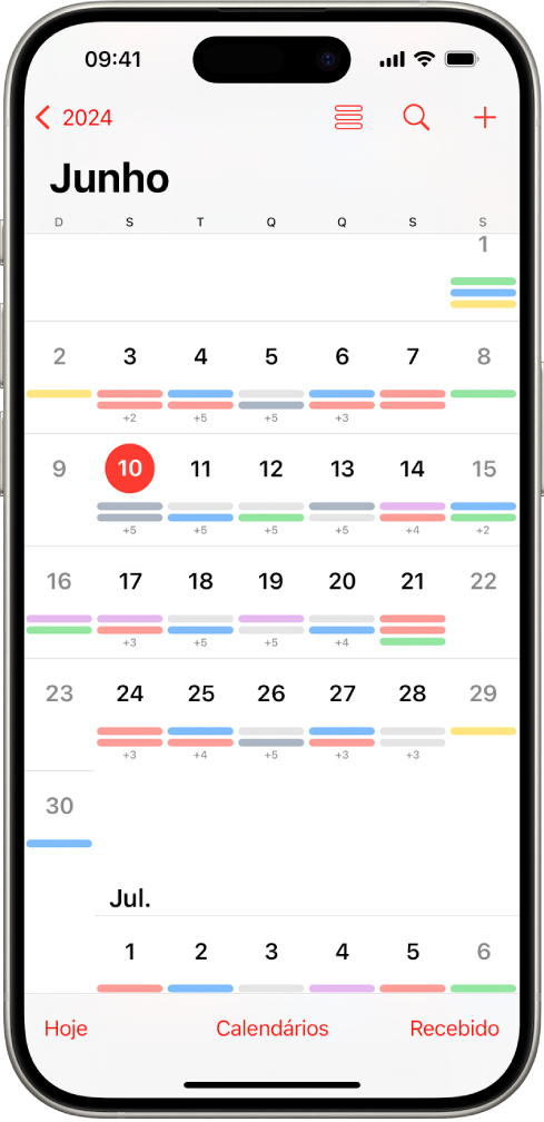 A vista por mês na aplicação Calendário.