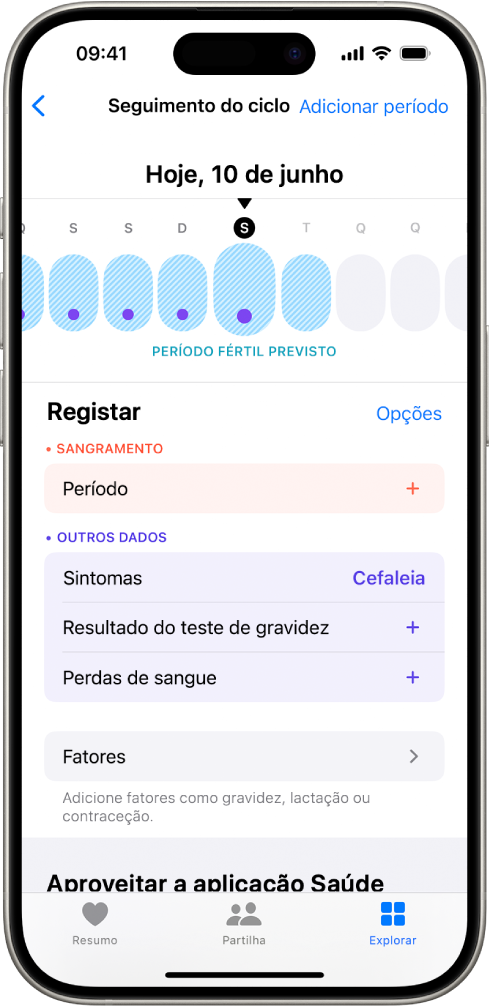 O ecrã “Seguimento do ciclo” com um cronograma junto à parte superior a mostrar a estimativa do período fértil. Por baixo do cronograma encontram-se opções para adicionar informação sobre períodos, sintomas, etc.