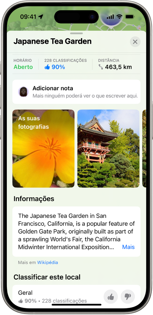 Uma ficha de local com a classificação geral de uma localização, fotografias e botões para classificar o local.