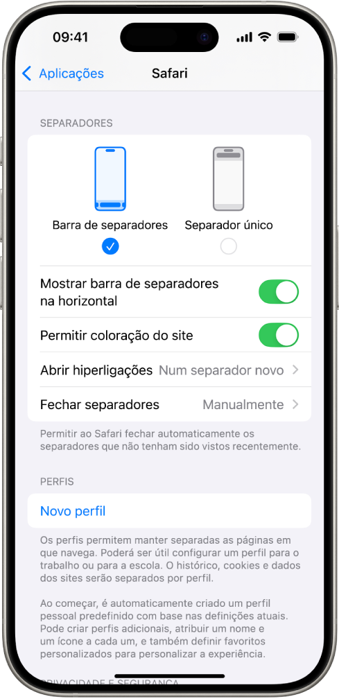 Um ecrã com duas possíveis disposições do Safari: Barra de separadores e Separador único.