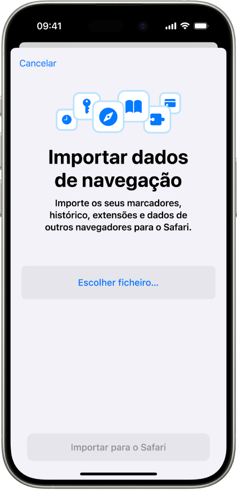 O ecrã “Importar dados de navegação” a mostrar os dados de outro navegador para importação para o Safari.