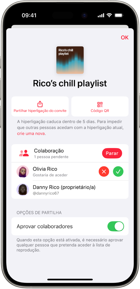 O ecrã “Gerir colaboração” na aplicação Música.