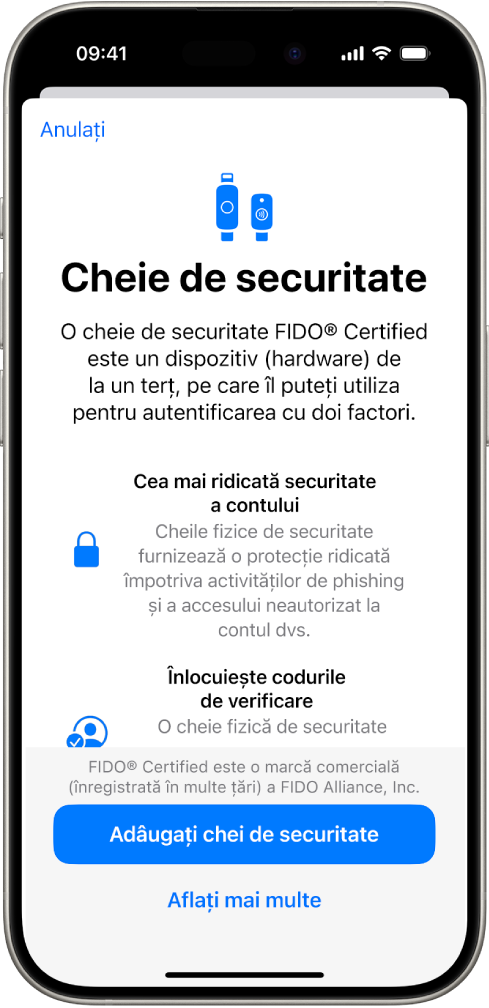 Ecranul de prezentare a cheilor de securitate. În apropierea părții de jos se află butonul Adăugați chei de securitate și un link Mai multe. Deasupra se află un text care explică beneficiile utilizării cheilor de securitate.