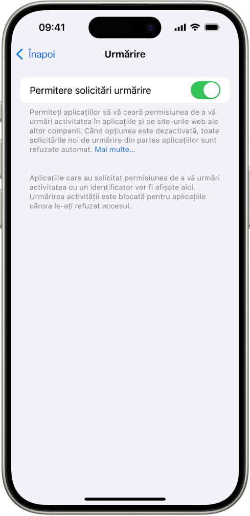 Ecranul Urmărire, cu o configurare pentru a controla dacă aplicațiile pot solicita să vă urmărească pe site-uri web sau în aplicații deținute de alte companii.