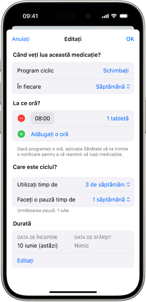Ecranul Medicații din aplicația Sănătate afișând opțiuni pentru schimbarea programului unei medicații.