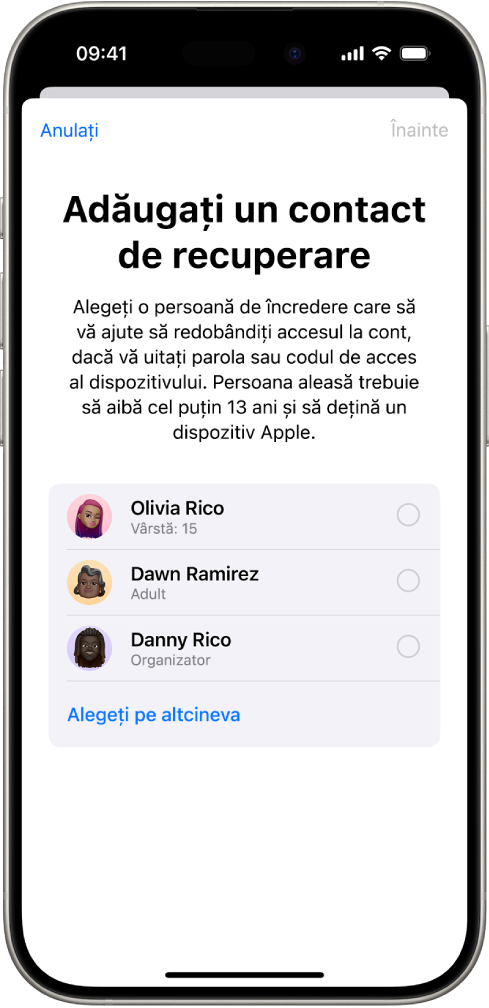 Ecranul Adăugare contact recuperare afișând contacte sugerate pentru a fi selectate drept contacte de recuperare și opțiunea de a alege o altă persoană.