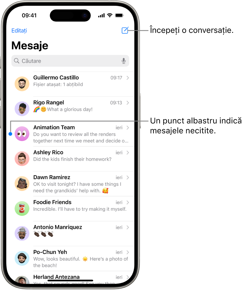 Lista de conversații din Mesaje, cu butonul Compuneți în dreapta sus. Un punct albastru în stânga unui mesaj indică faptul că nu este citit.