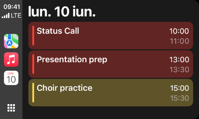 CarPlay afișând Hărți, Muzică și Calendar în bara laterală. În dreapta se află evenimente pentru luni, 5 iunie: sesiune de lucru pentru portofoliu, atelier pentru abilități de leadership, pregătire pentru prezentare și repetiție corală.