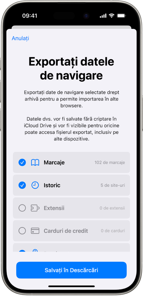 Ecranul Exportați datele de navigare, afișând datele pe care le puteți exporta din Safari în alt browser.